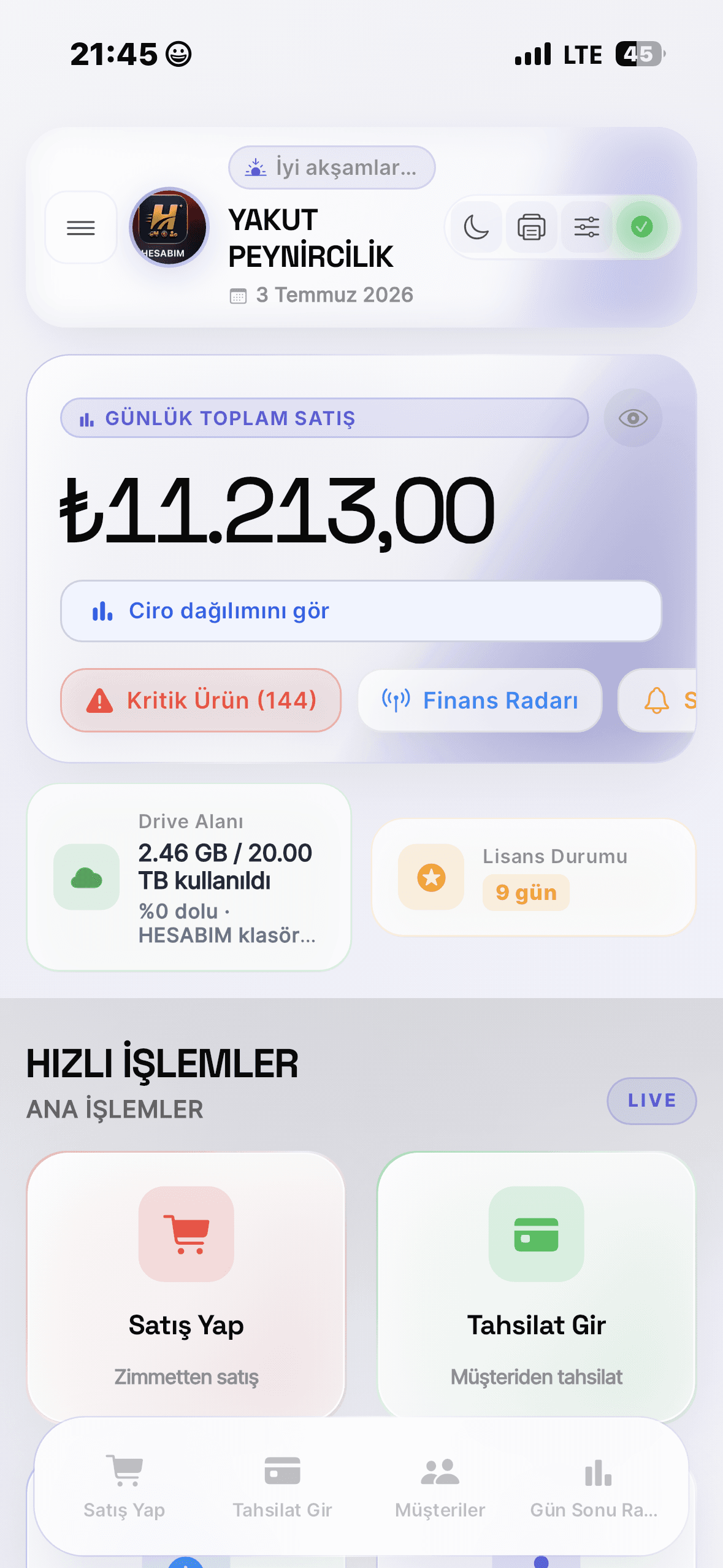 HESABIM ana sayfa — günlük satış paneli