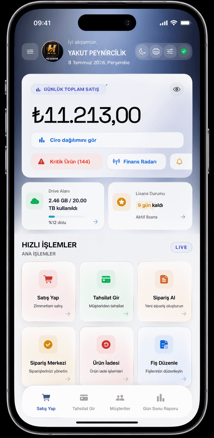 HESABIM iPhone uygulama ekranı — saha satış paneli